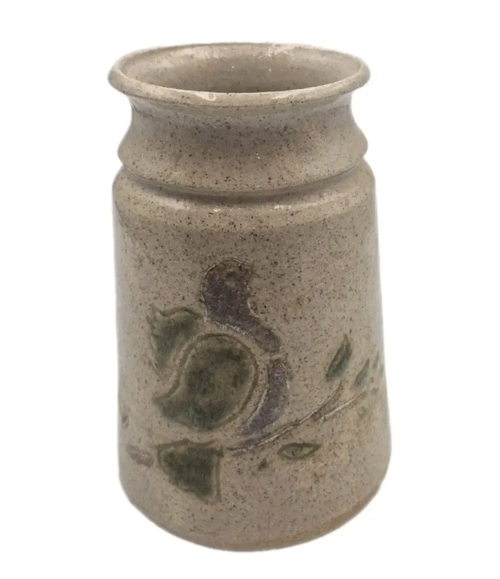 Vintage Folk Art Stoneware Crock Vase Bird Flower Motif 7